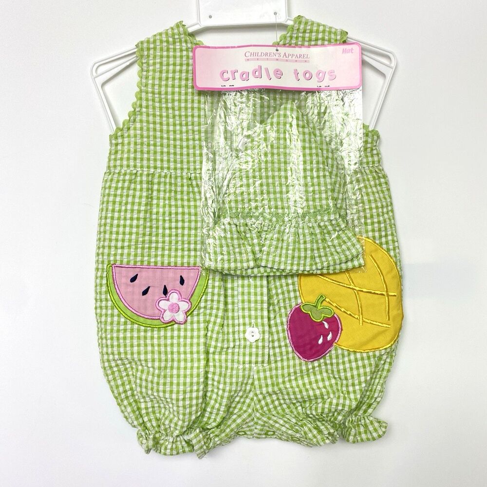 Vintage Children Apparel Cradle Togs Green Gingham Romper & Hat Fruit Accent